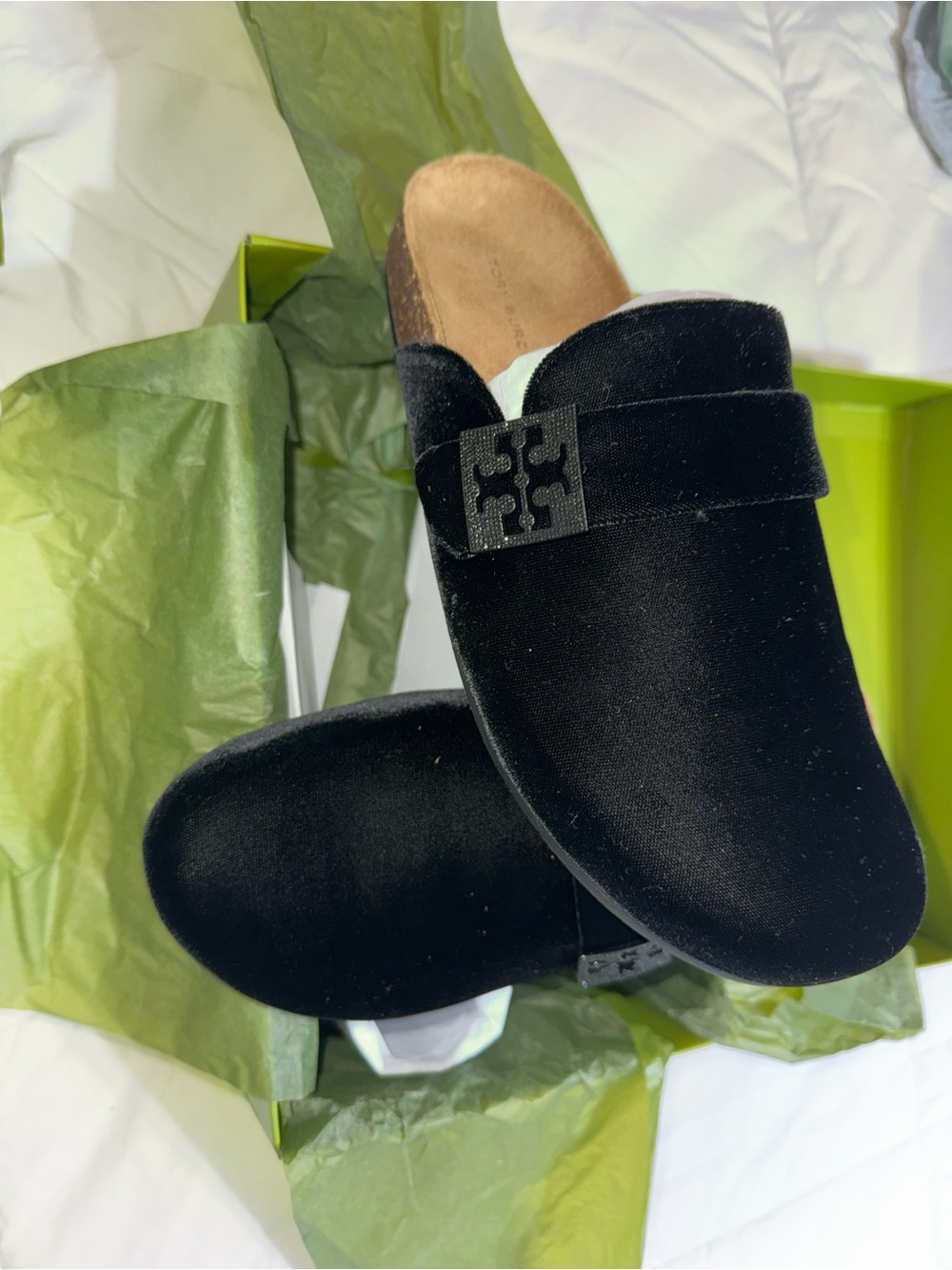 Tory Burch Black Velvet Logo-Accent Slip-On Mules